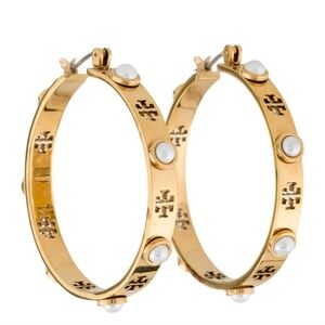 Tory Burch Gold Pearl Hoop Earrings Nwt